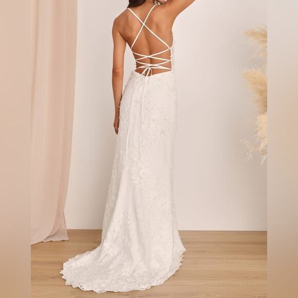 Lulus Enchanting Eternity Ivory Pearl Lace-Up Backless Maxi Dress Women’s Sz 2 - Picture 5 of 12